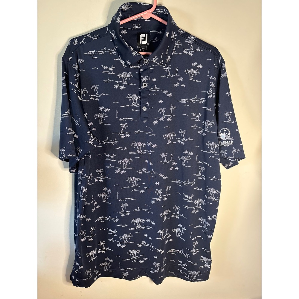 FootJoy Mens Braemar Palm Tree Golf Polo Navy Blue‎ White Stretch Shirt Large
